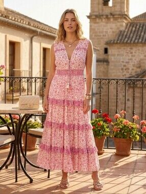 NWT European Handmade  Sleeveless Ruffled Tiered Viscose Dress Size S/M or M/L